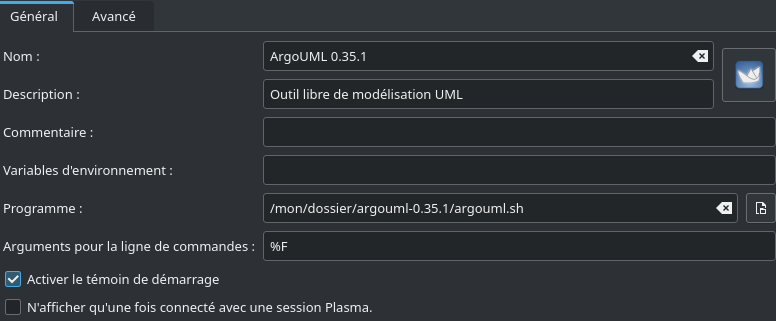 Edition du lanceur de ArgoUML dans Plasma