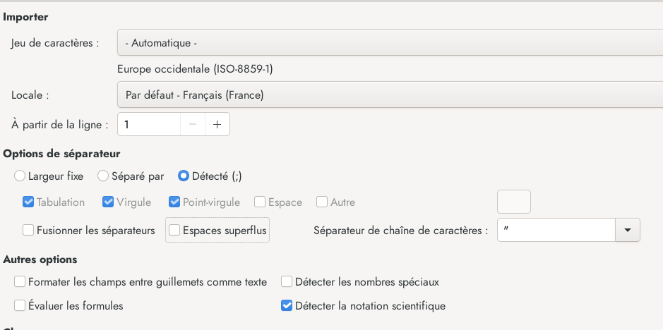 Options d'import d'un CSV dans Calc