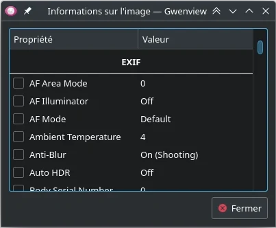 Gwenview affichage des métadonnées