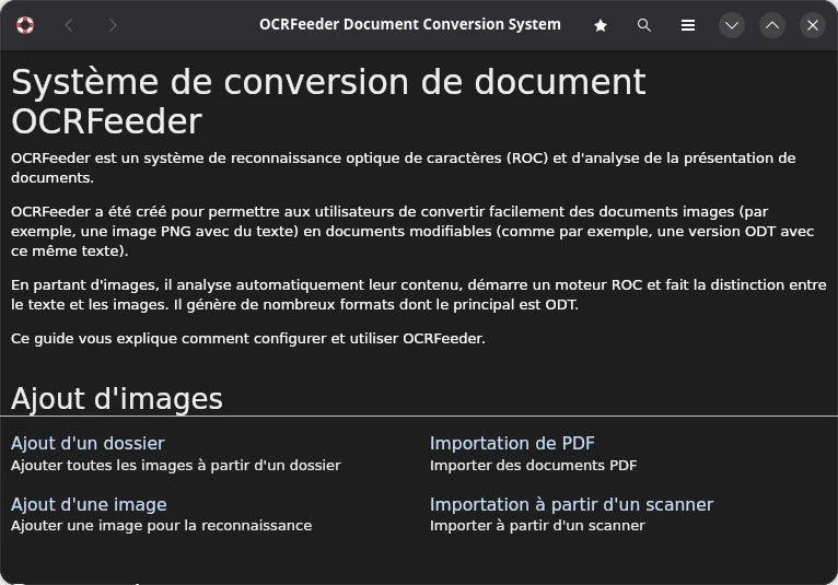 Fenêtre Aide de OCRFeeder