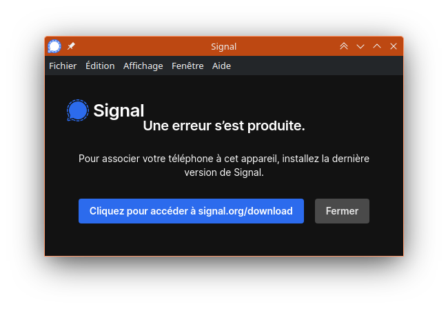 Capture d'écran Signal Messenger, erreur