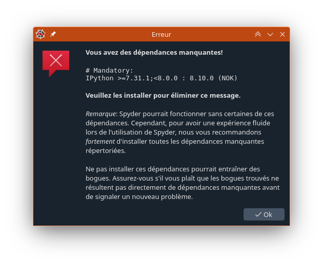 Fenêtre message d'erreur Spyder